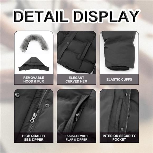 Women's Hooded Warm Winter Coat‎ Quilted Thicken Puffer Jacket with Removable - Picture 5 of 8